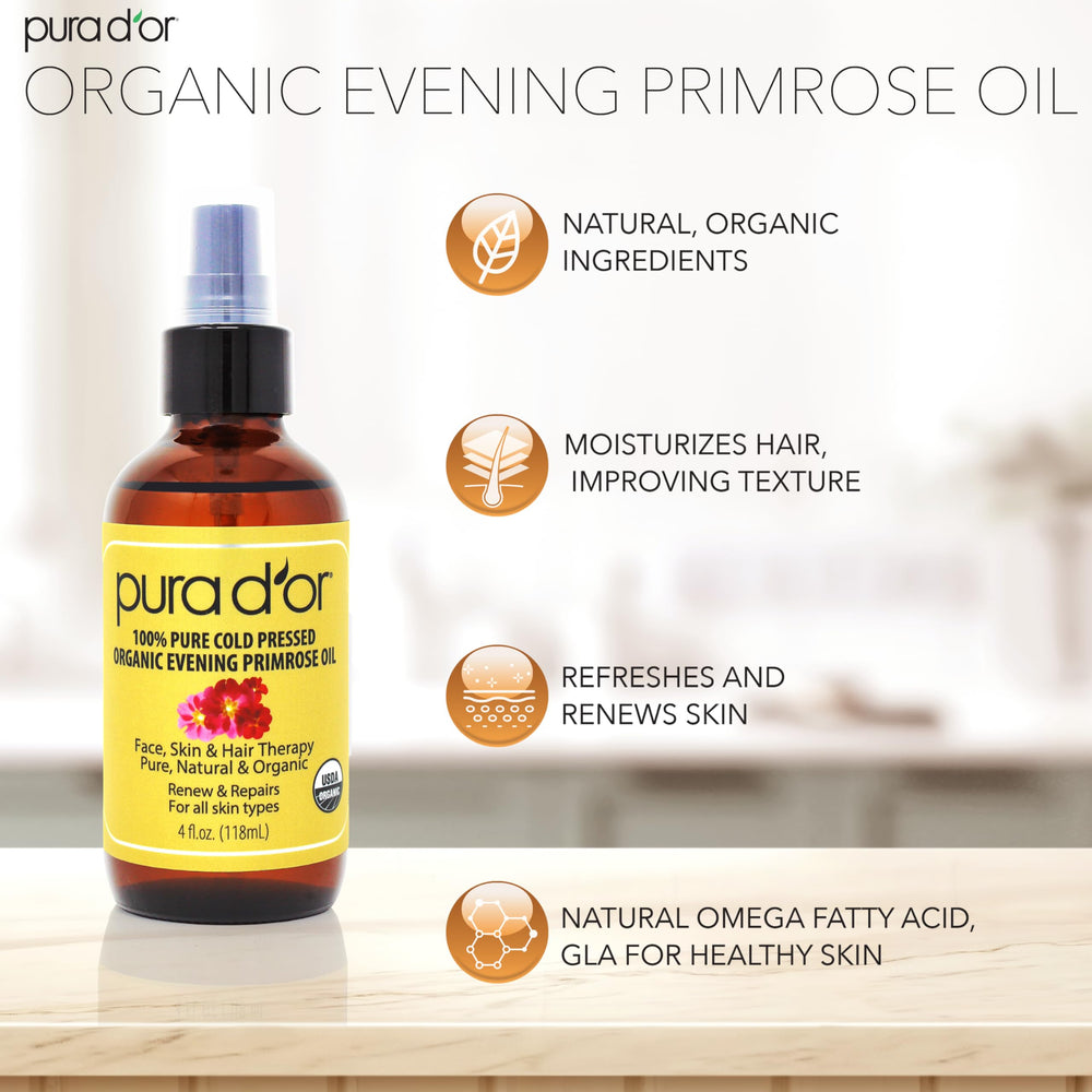 Closeup of PURA D'OR Evening Primrose Oil bottle, pure and cold-pressed.