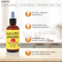Closeup of PURA D'OR Evening Primrose Oil bottle, pure and cold-pressed.