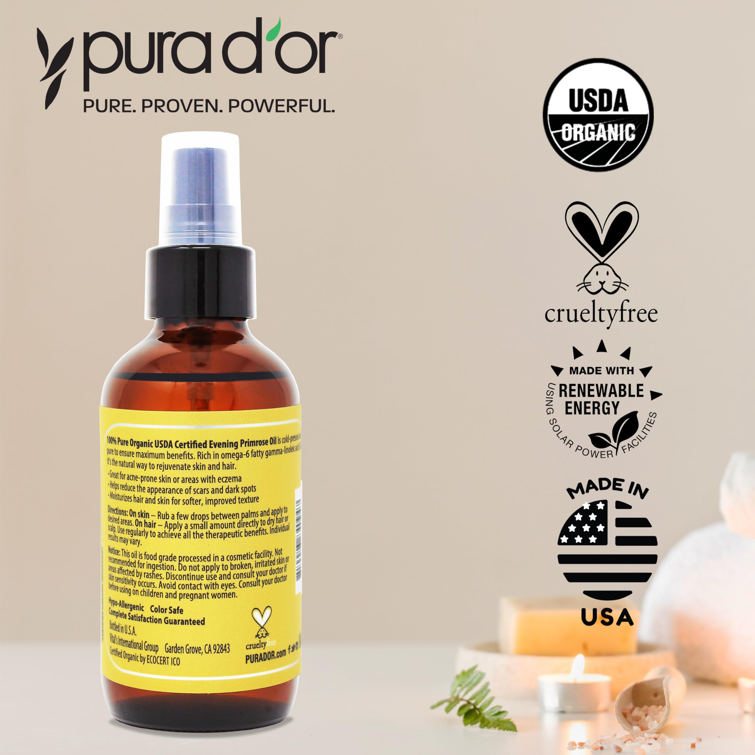 Hair and skin care routine featuring PURA D'OR Evening Primrose Oil.
