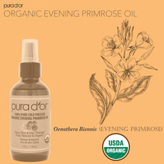 Packaging of PURA D'OR Evening Primrose Oil with non-comedogenic labels.