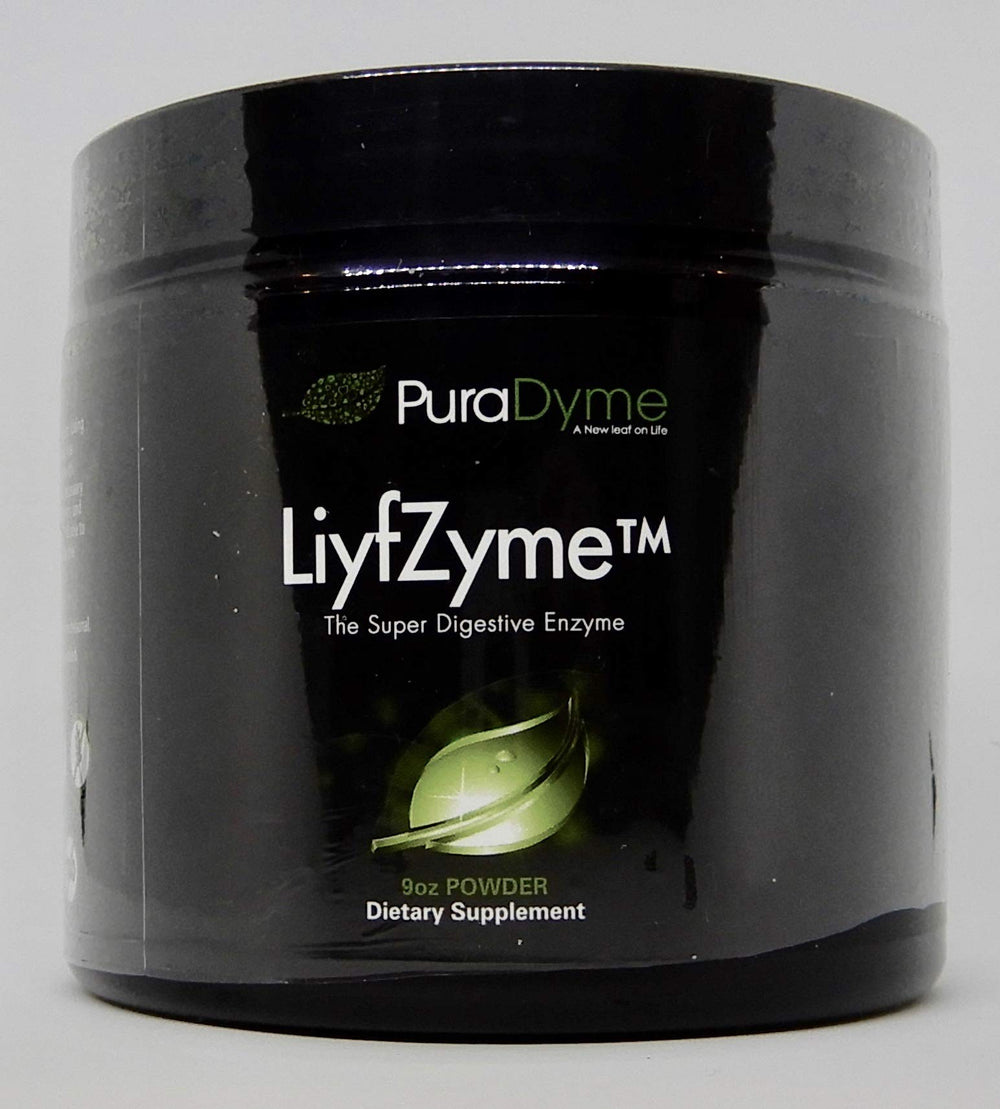 Puradyme LIYFZYME powder bottle on kitchen counter supporting digestion after meals