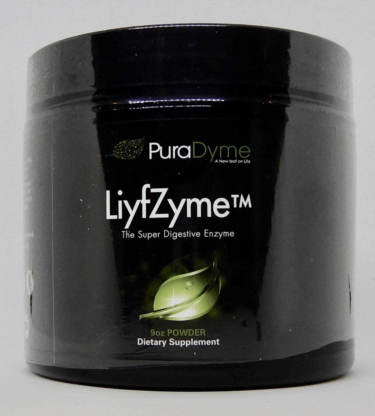Puradyme LIYFZYME powder bottle on kitchen counter supporting digestion after meals