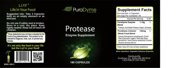 Puradyme Protease capsules close-up highlighting label for protein digestion support.