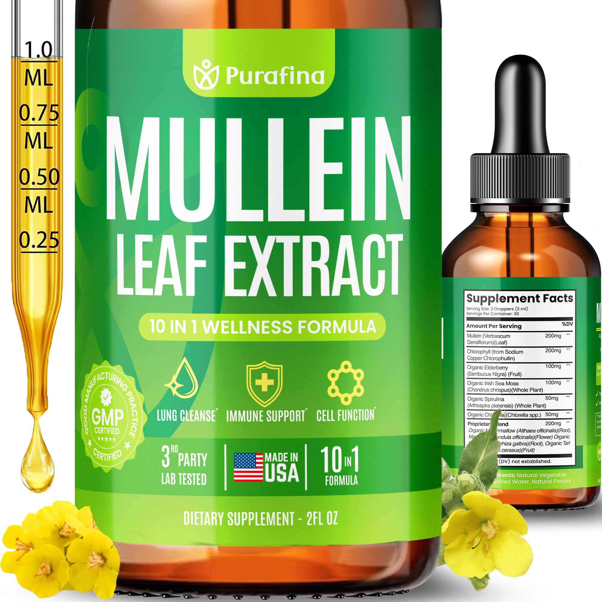 Purafina Mullein Drops bottle with dropper supports respiratory wellness and gentle mucus management.