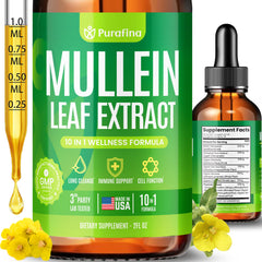 Purafina Mullein Drops bottle with dropper supports respiratory wellness and gentle mucus management.