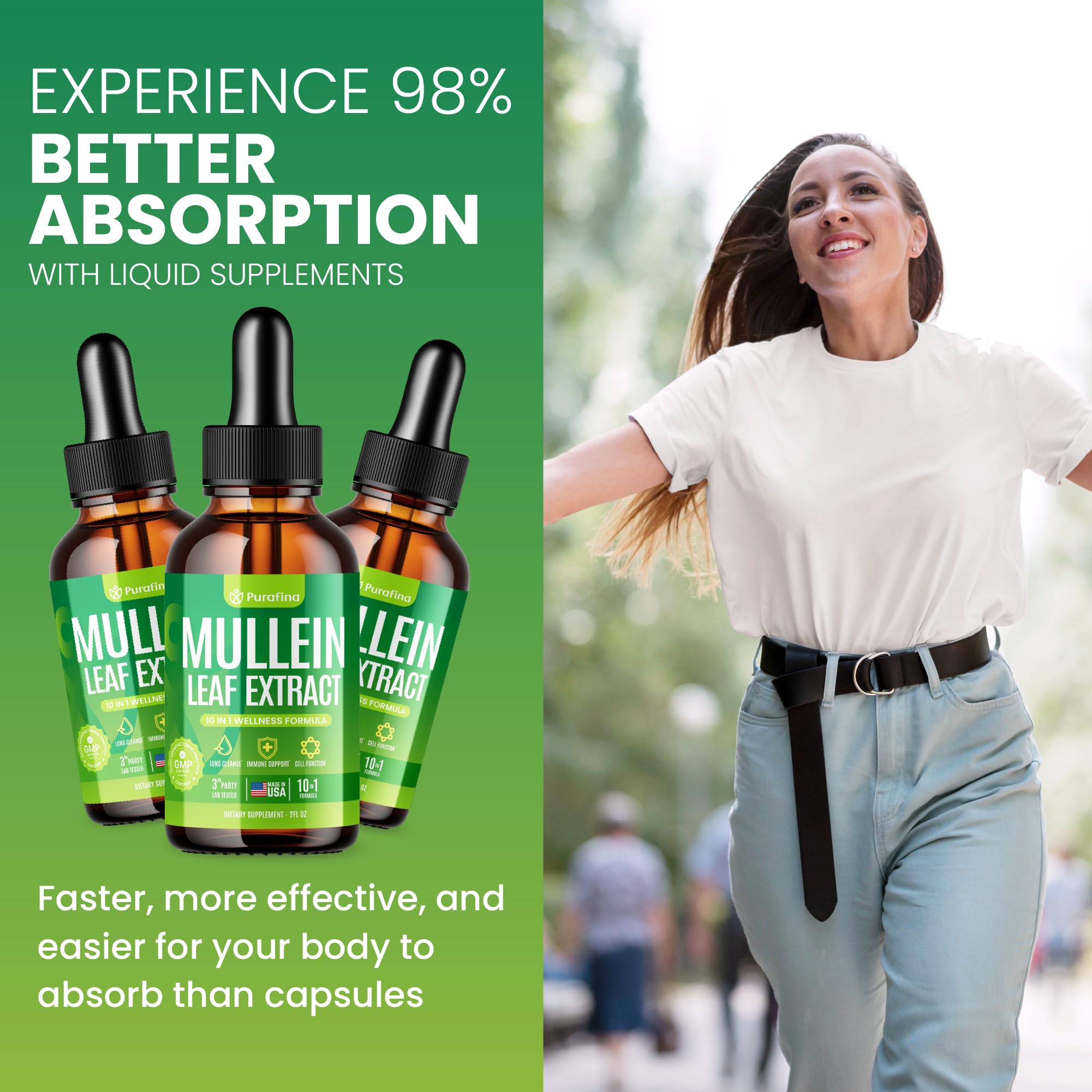 Purafina Mullein Drops in use with tea suggests easy incorporation into daily routines.