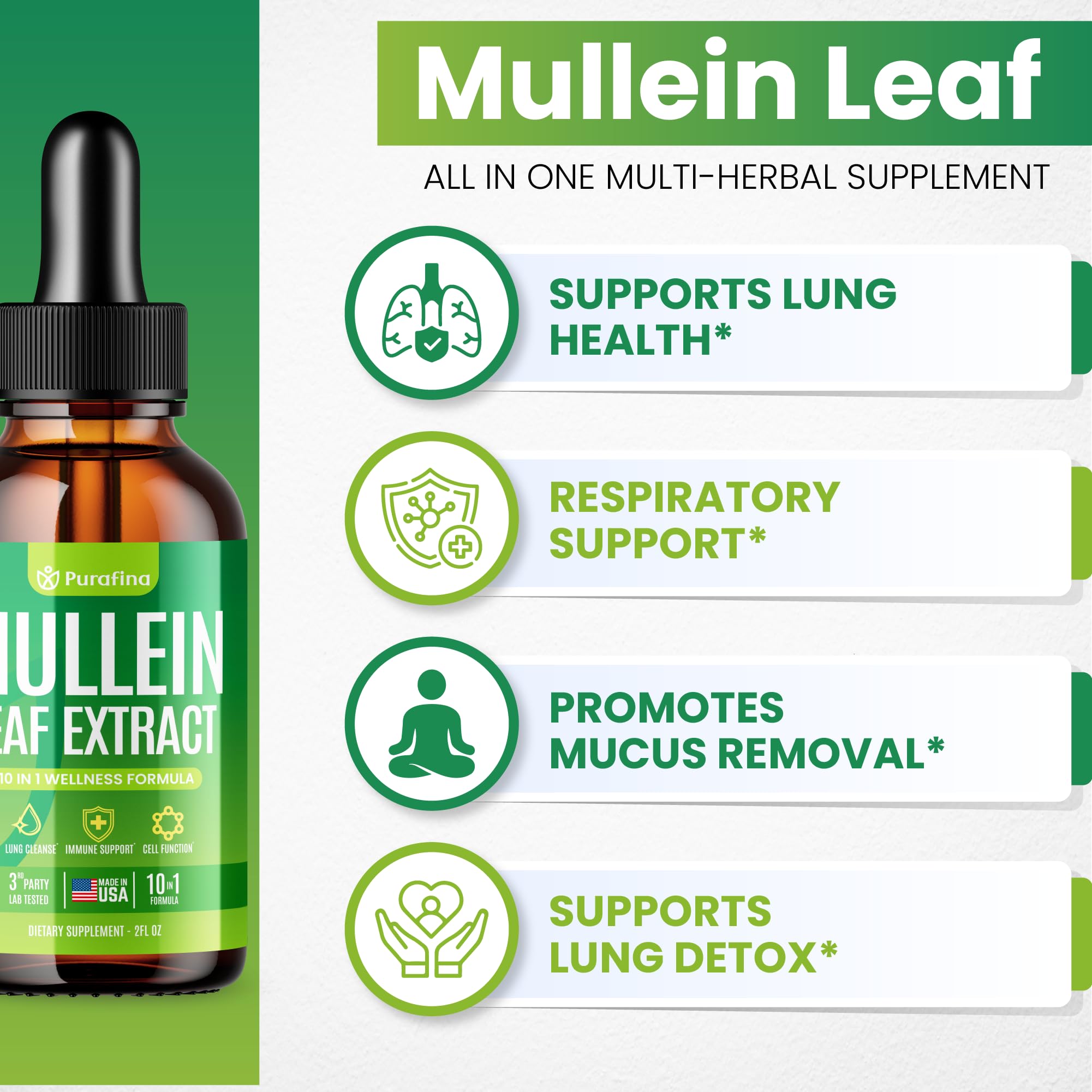 Purafina Mullein Drops label front emphasizes organic mullein extract and chlorophyll for lung detox synergy.