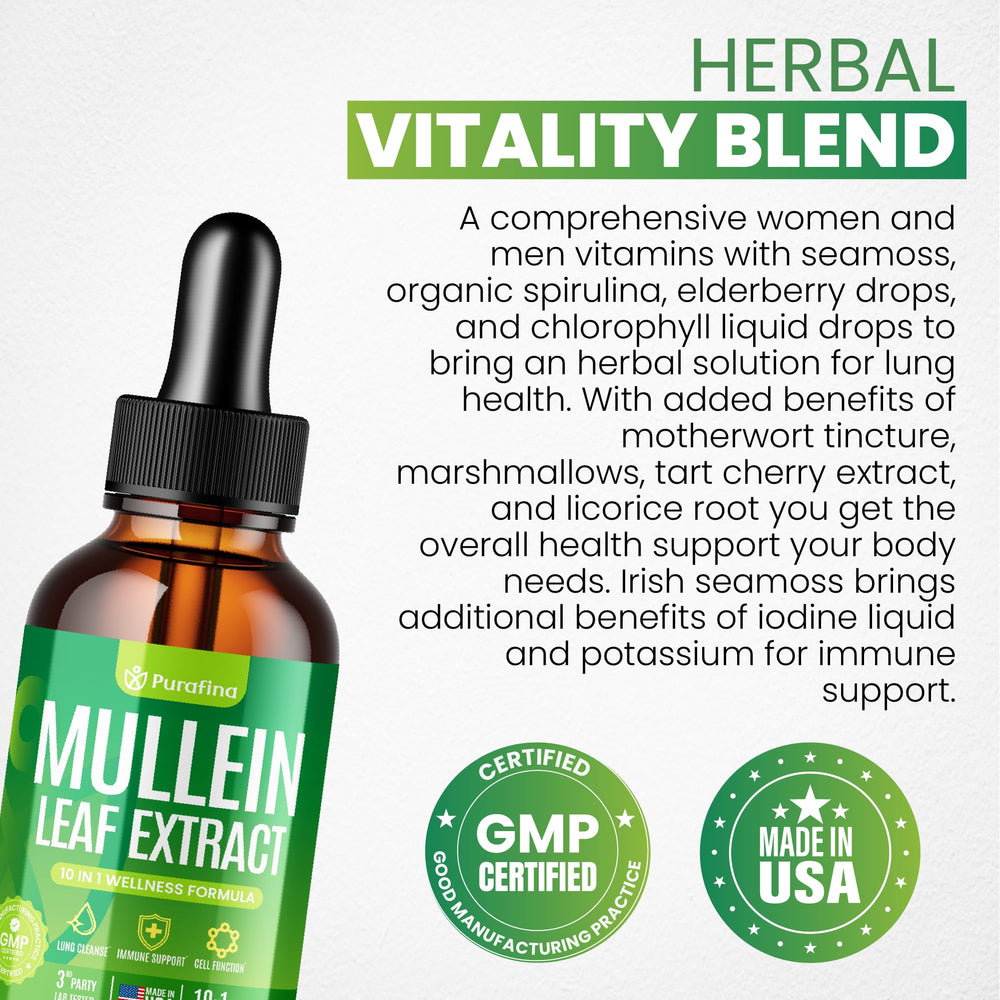 Purafina Mullein Drops packaging shows USA-made quality and cGMP-certified production.