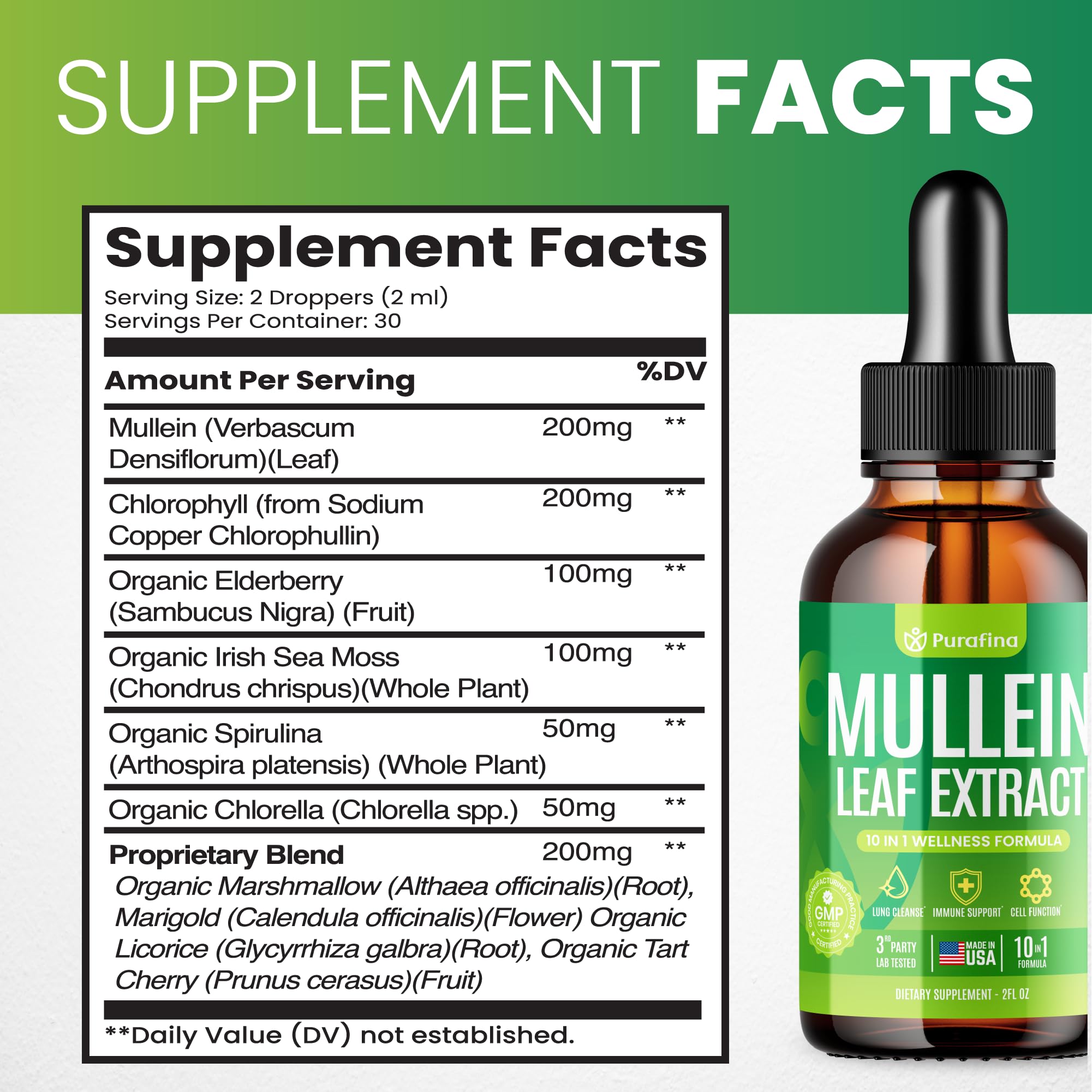 Purafina Mullein Drops pour spout demonstrates precise dosing for daily lung support.