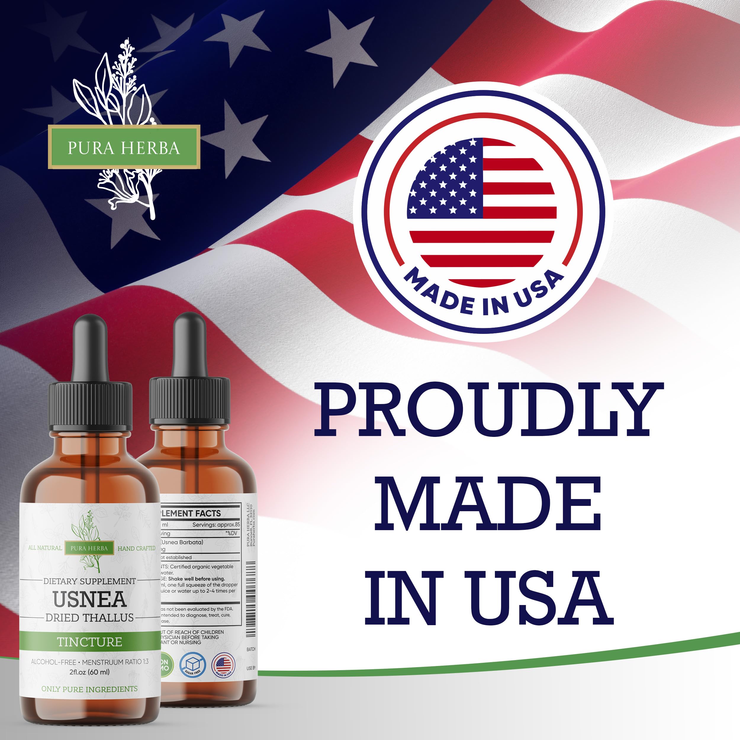 Pura Herba Organic Usnea ingredients label—transparent organic quality.