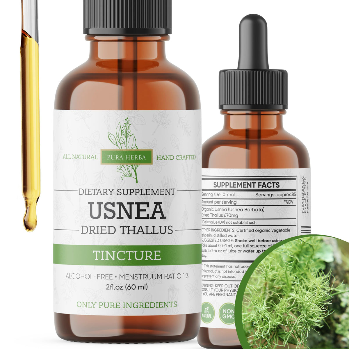 Pura Herba Organic Usnea liquid drops bottle—easy daily use.