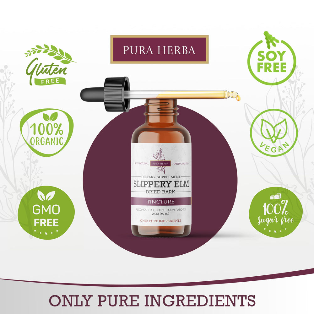 Pura Herba label on slippery elm tincture highlights non-GMO, gluten-free formula.
