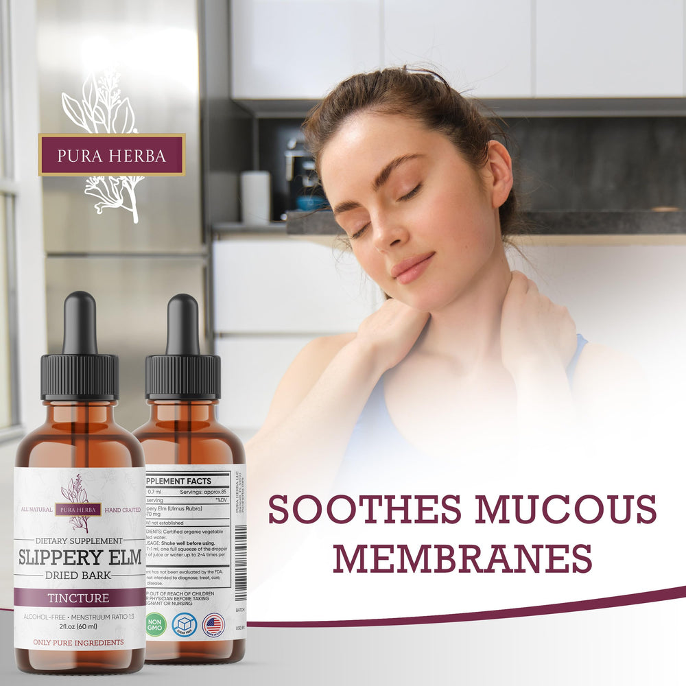 Pura Herba Ulmus rubra liquid extract illustration suggests mucilage soothing properties.