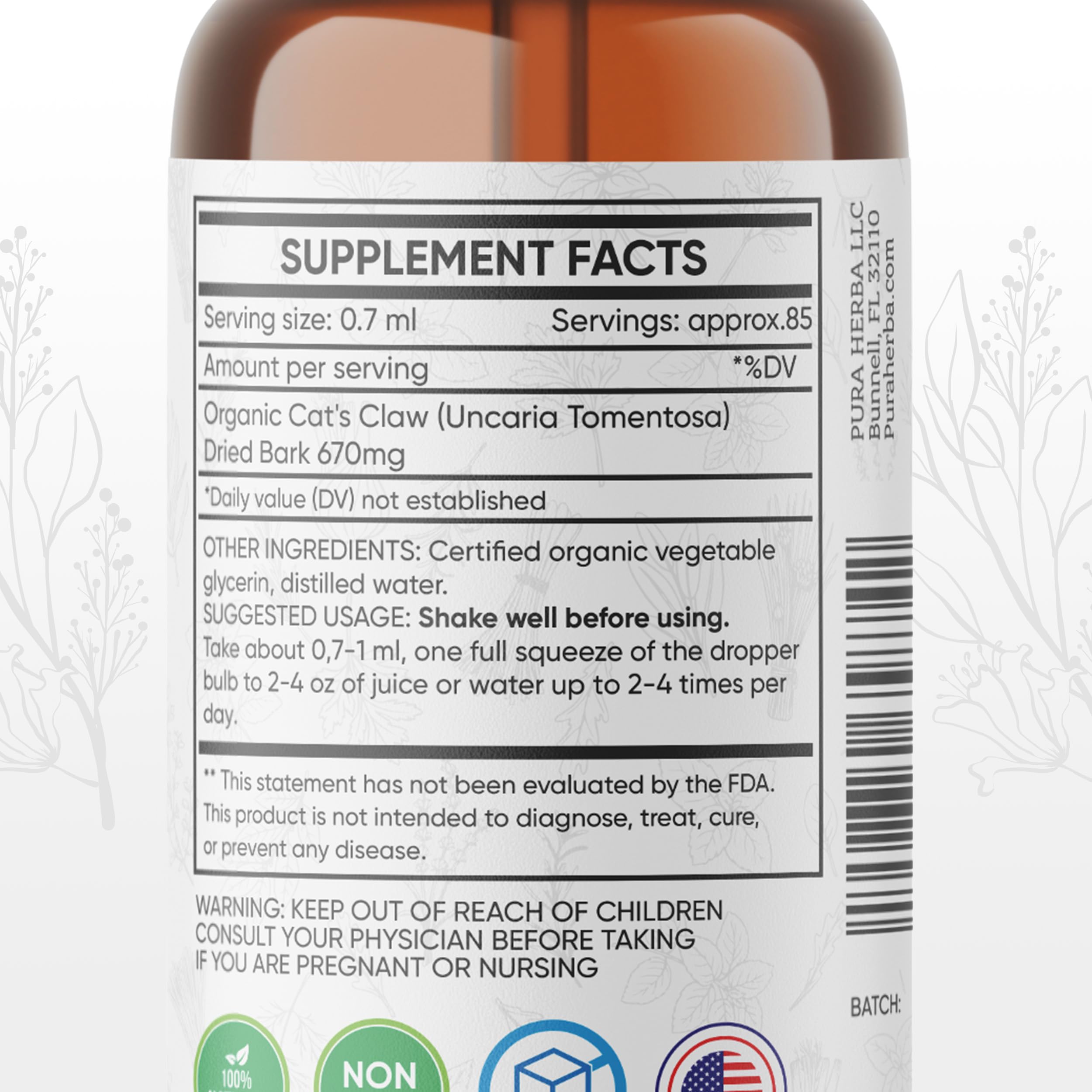 Pura Herba Cat's Claw drops ready for convenient doses.