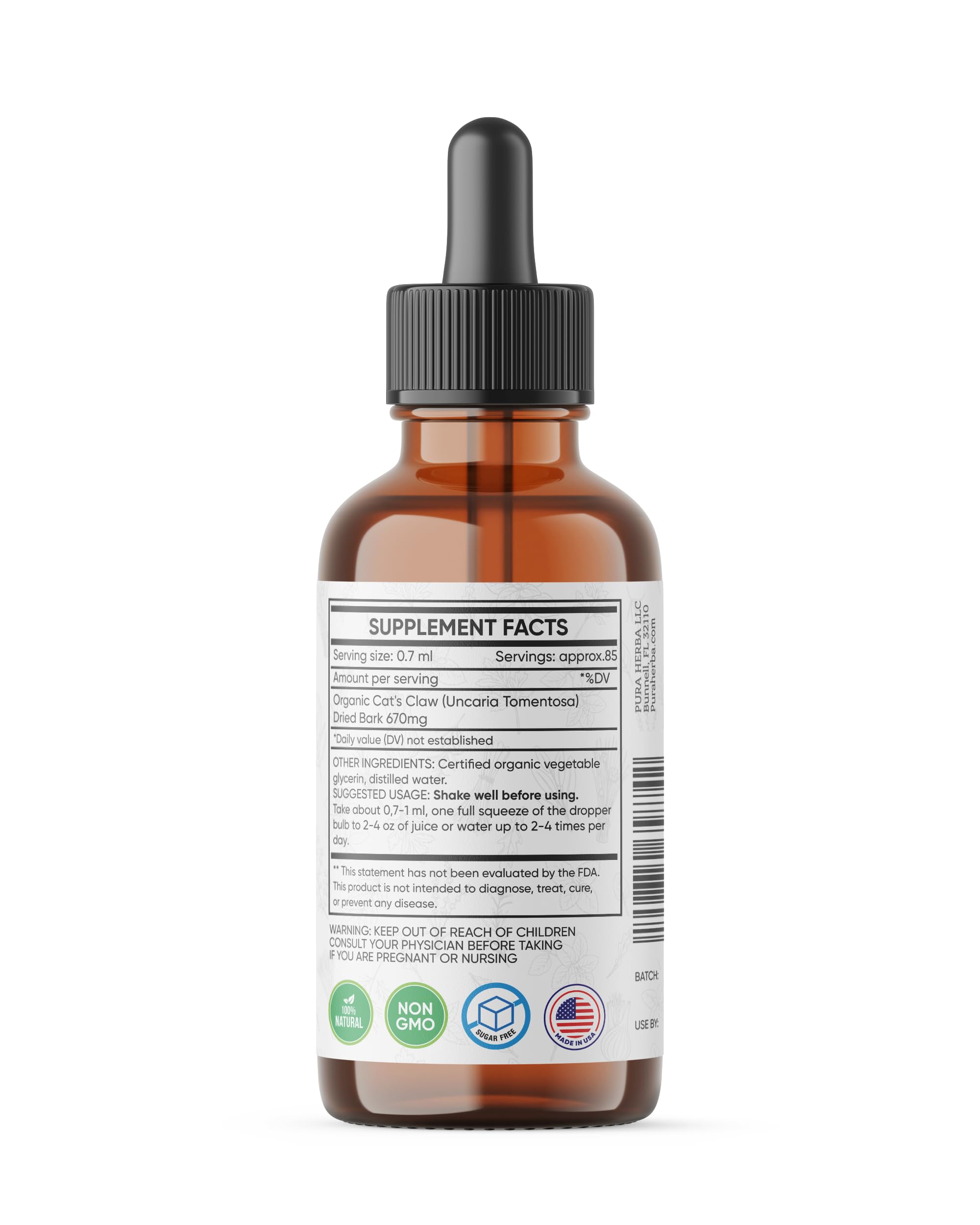 Pura Herba Cat's Claw bottle with label close-up showing clean formula.