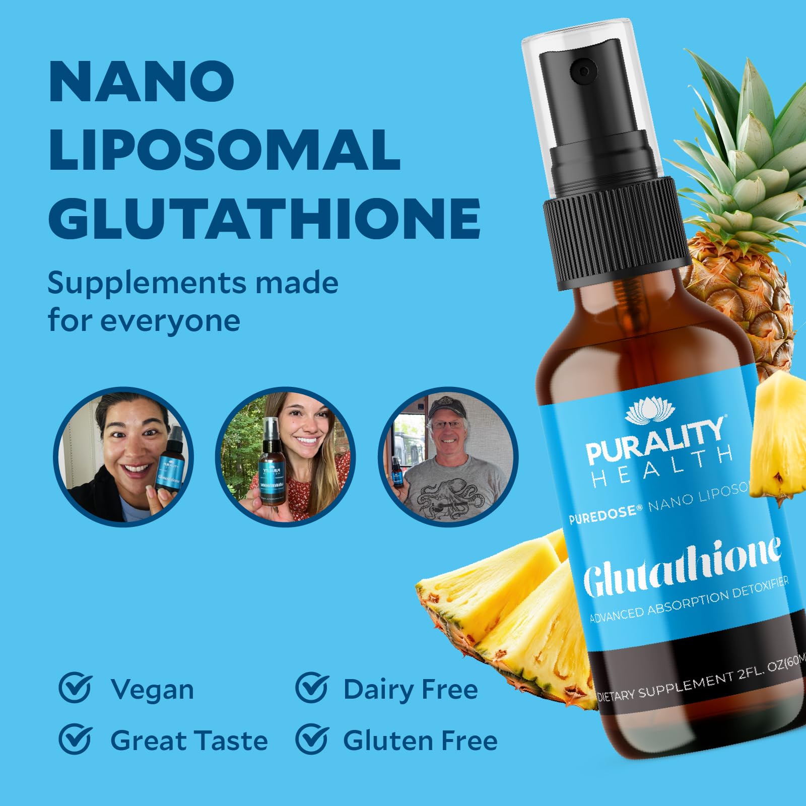 PURALITY HEALTH liposomal glutathione label highlights vegan, non-GMO formula and vitamin C.
