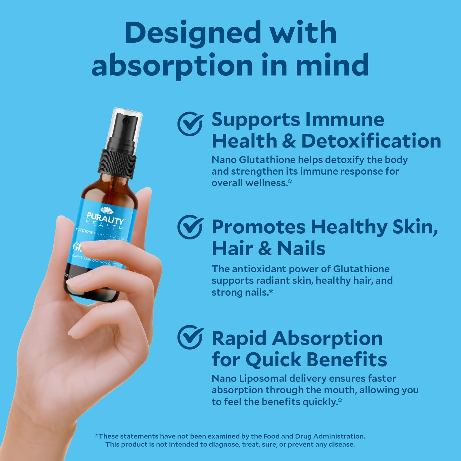 PURALITY HEALTH liquid glutathione dosing guide on label supports daily use.