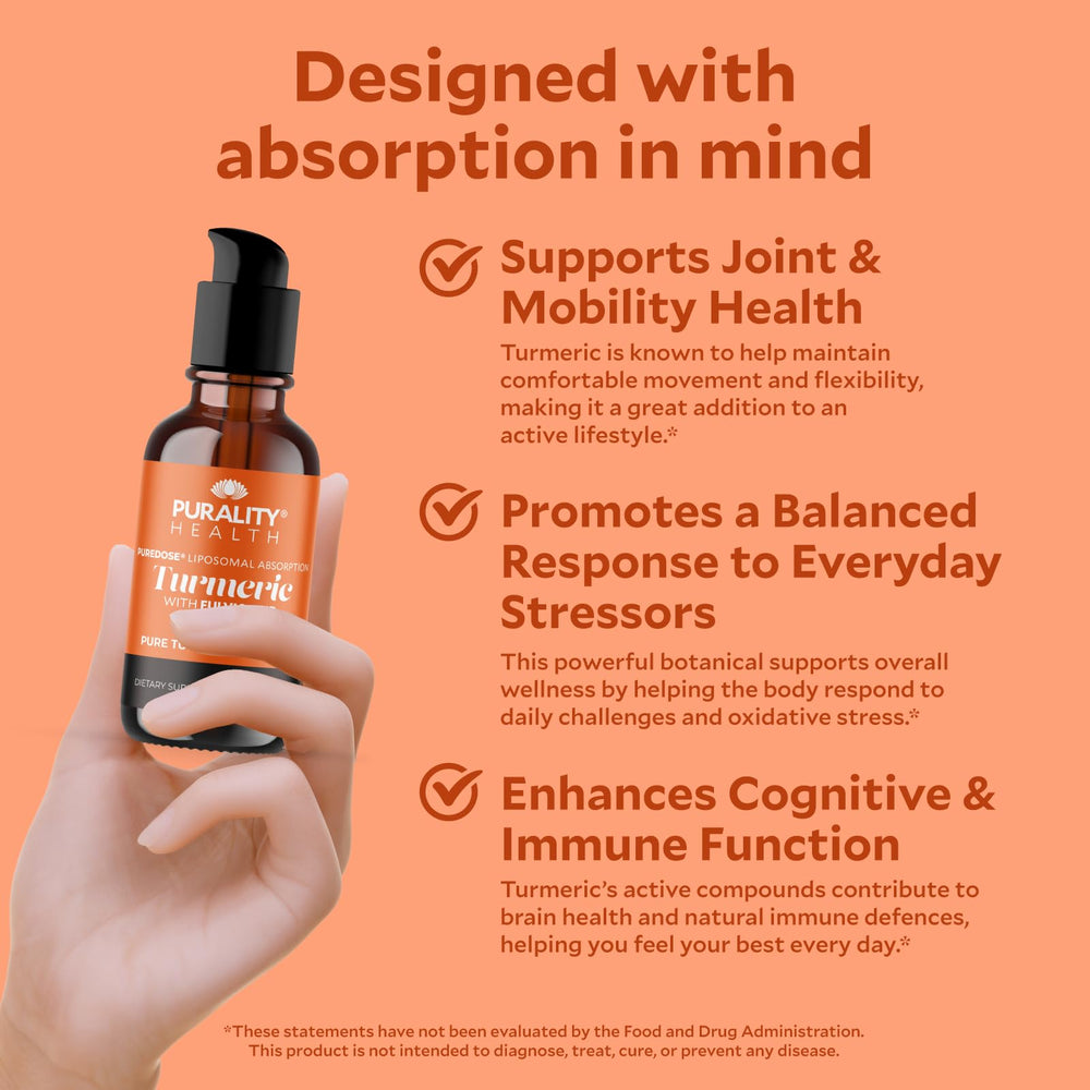 PURALITY HEALTH liposomal formula close-up emphasizes high bioavailability potential.