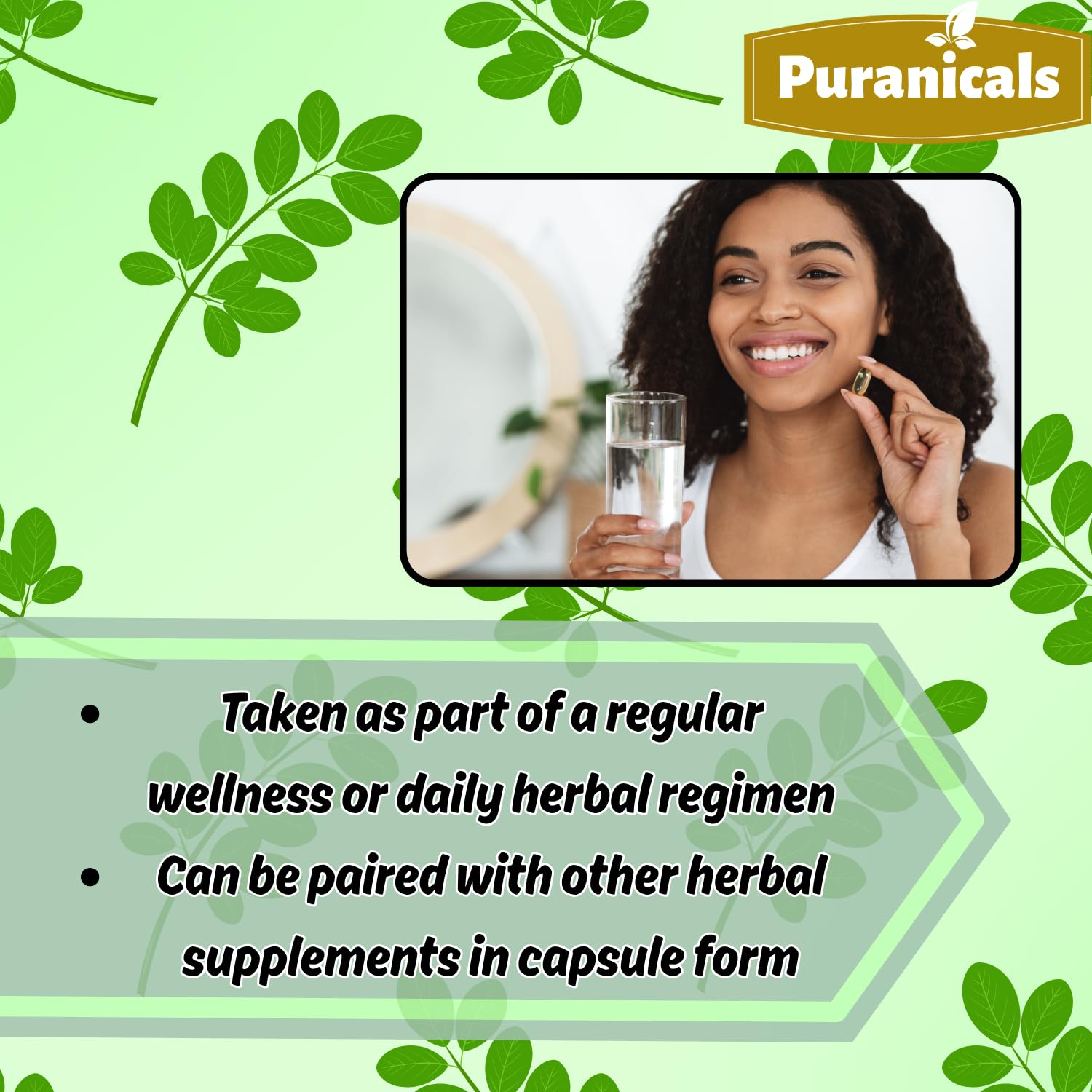 Puranicals Moringa Premium daily routine image with water for easy intake