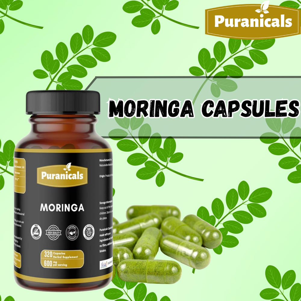 Puranicals Moringa Premium label close-up shows non-GMO and gluten-free features