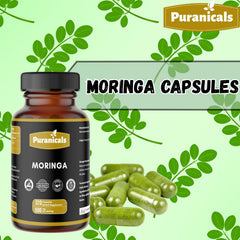 Puranicals Moringa Premium label close-up shows non-GMO and gluten-free features