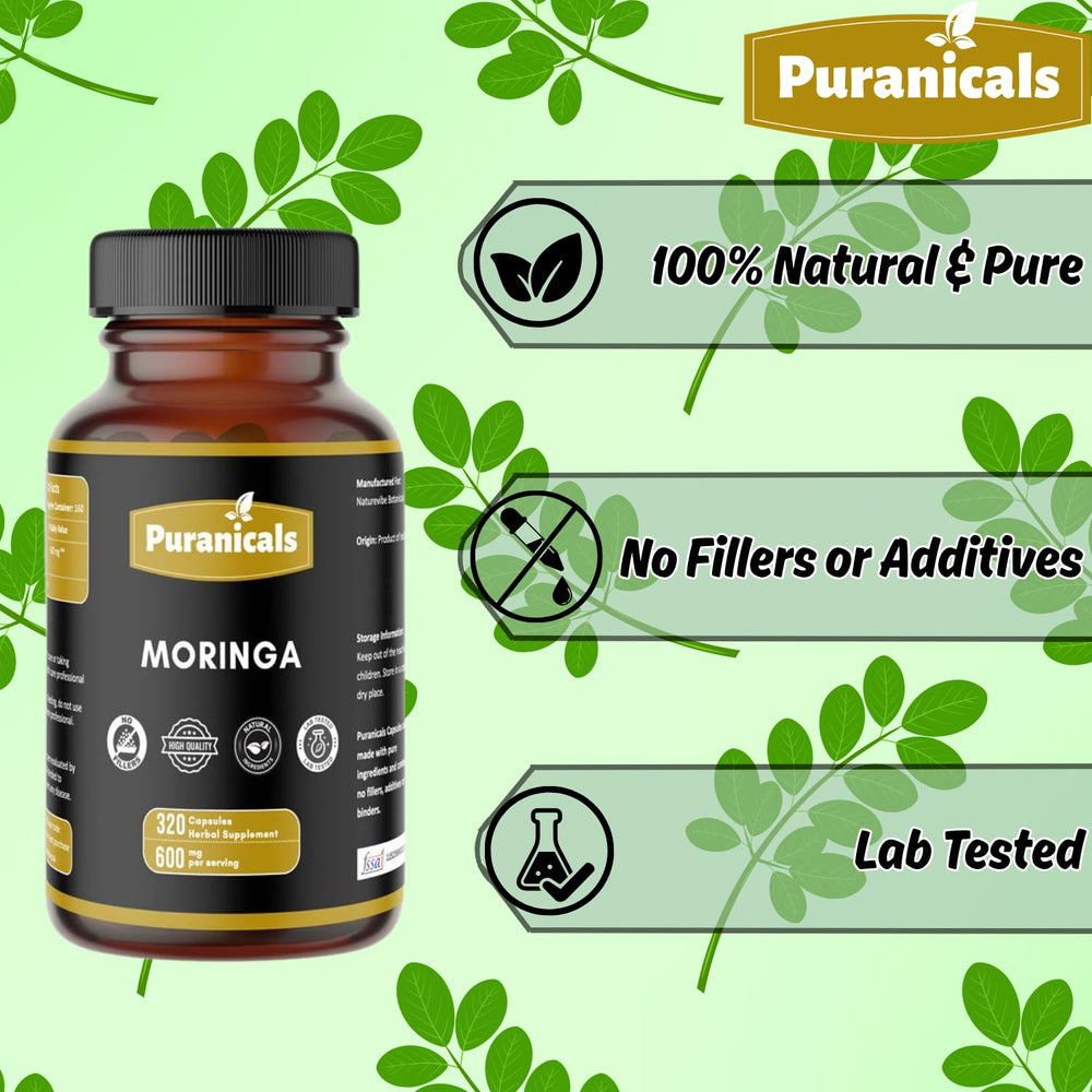 Puranicals Moringa Premium on-the-go capsule beside a bottle and cup