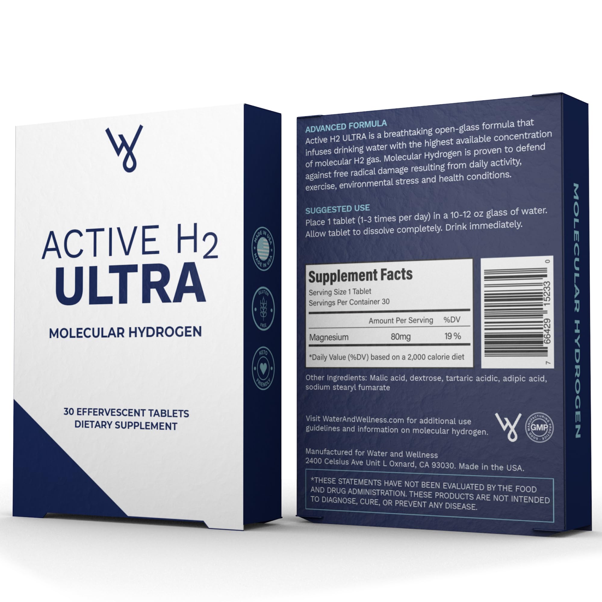 Purative Active H2 Ultra+ tablet dissolving in a glass for fast hydration.