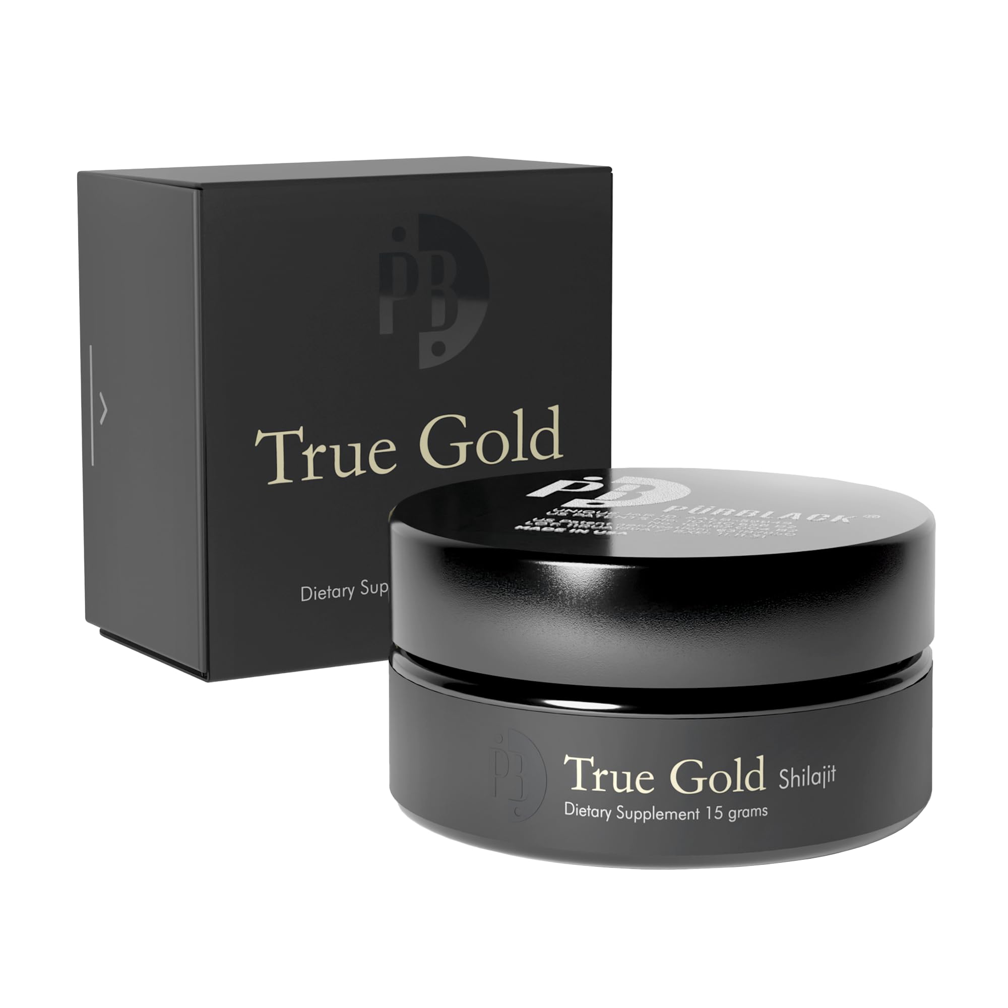Pürblack Live Resin Pure Gold Shilajit bottle with gold-infused resin for daily vitality
