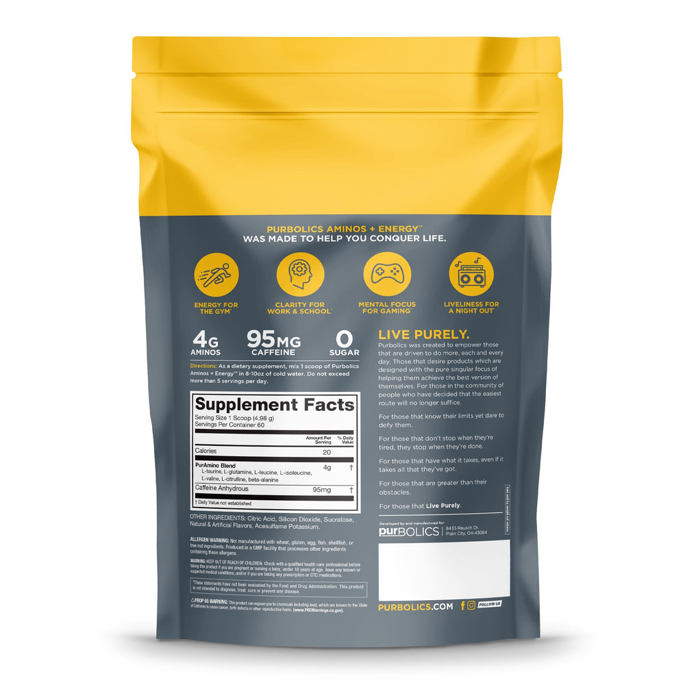 Purbolics Aminos Energy bottle label close-up communicates flavor and dosage guidance.