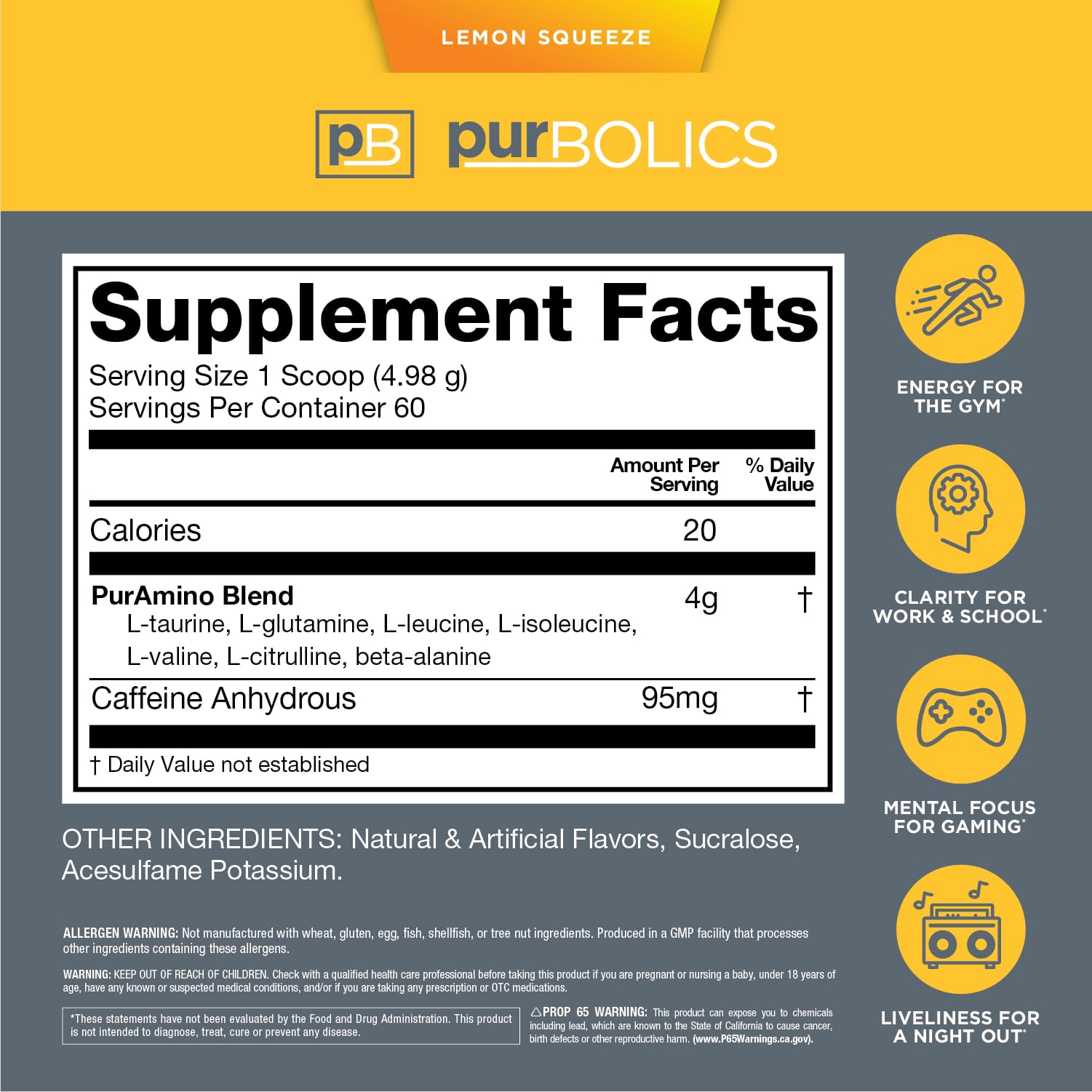 Purbolics Aminos + Energy lemon squeeze powder ready to blend for daily energy
