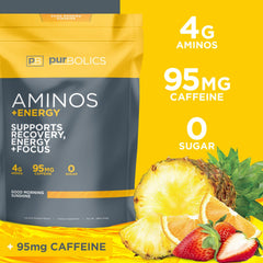 Purbolics Aminos Energy powder texture visible for a quick pre-workout energy boost.