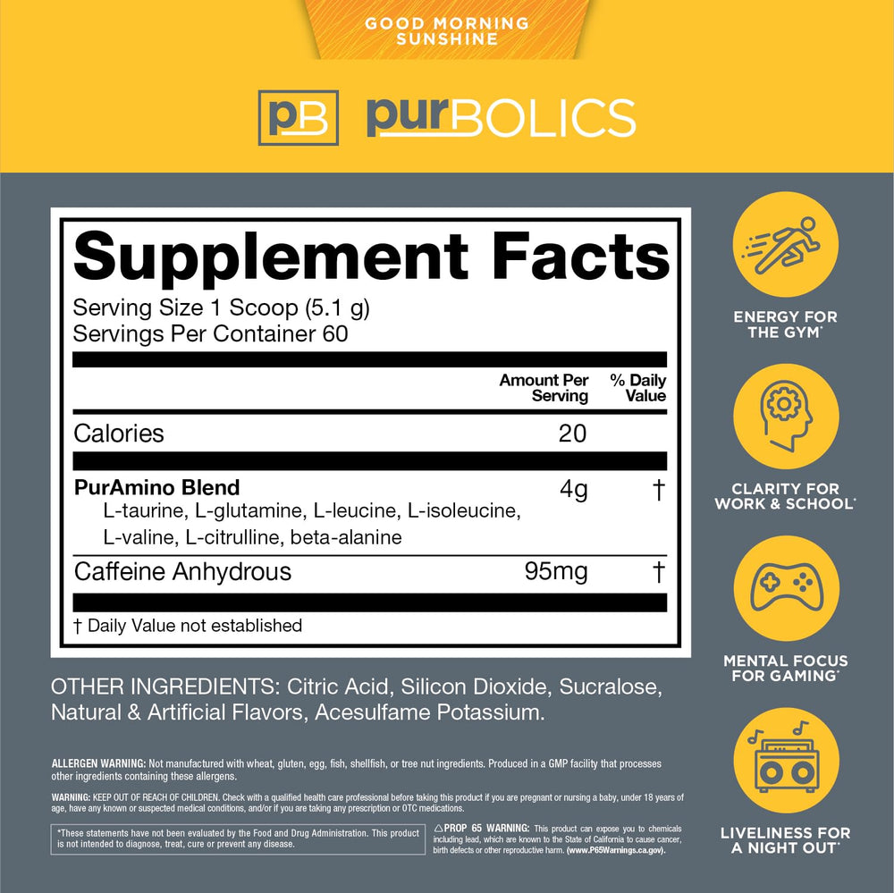 Purbolics Aminos Energy scoop beside container highlights easy dosing for steady focus.