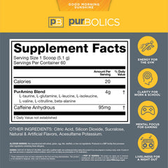 Purbolics Aminos Energy scoop beside container highlights easy dosing for steady focus.