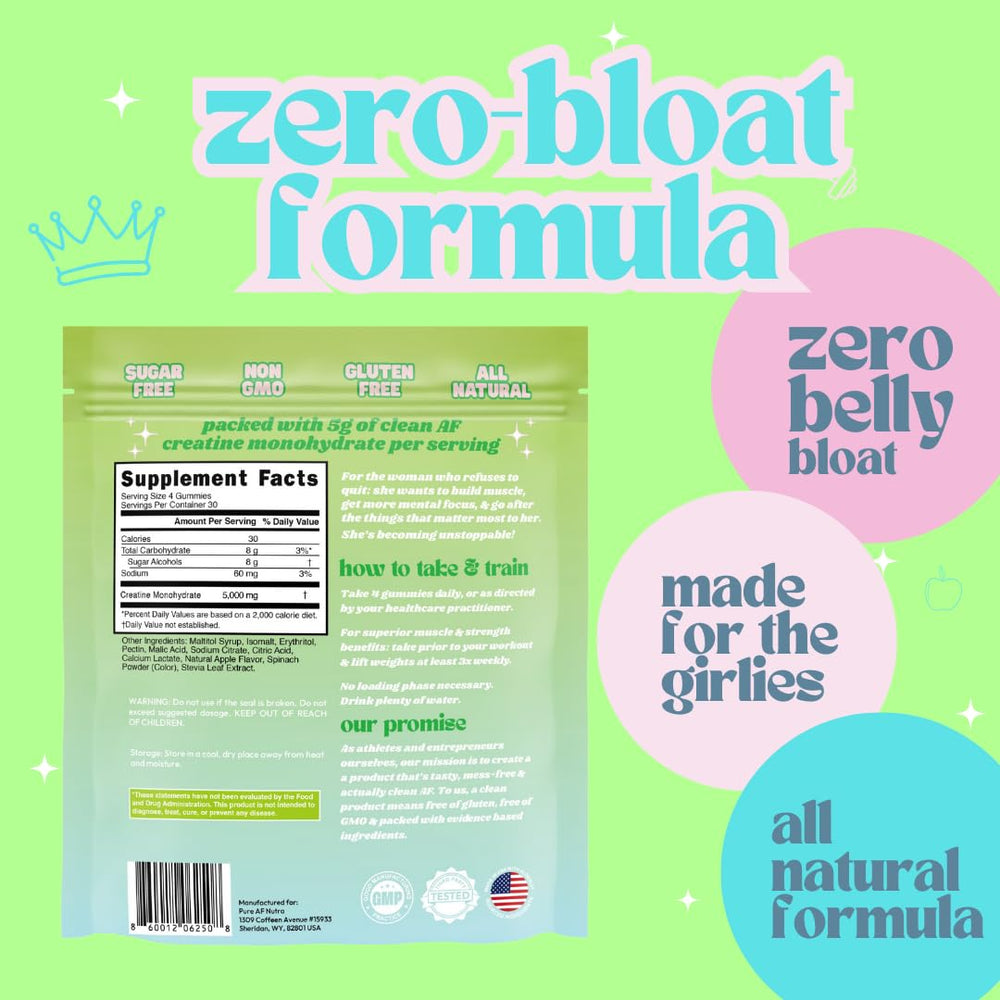 Pure AF Nutra Creatine Gummies 120-count bag for month-long convenience.