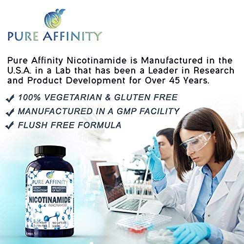 Pure Affinity Nicotinamide capsules closeup emphasizing flush-free B3 benefits.