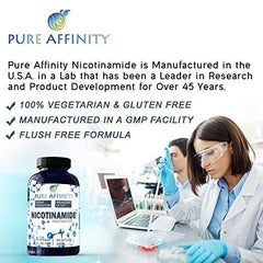 Pure Affinity Nicotinamide capsules closeup emphasizing flush-free B3 benefits.