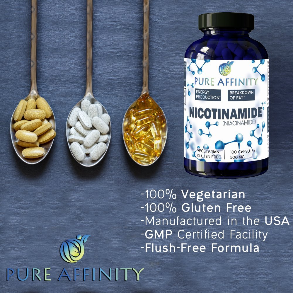 Pure Affinity Nicotinamide GMP facility logo on packaging implying high standards.