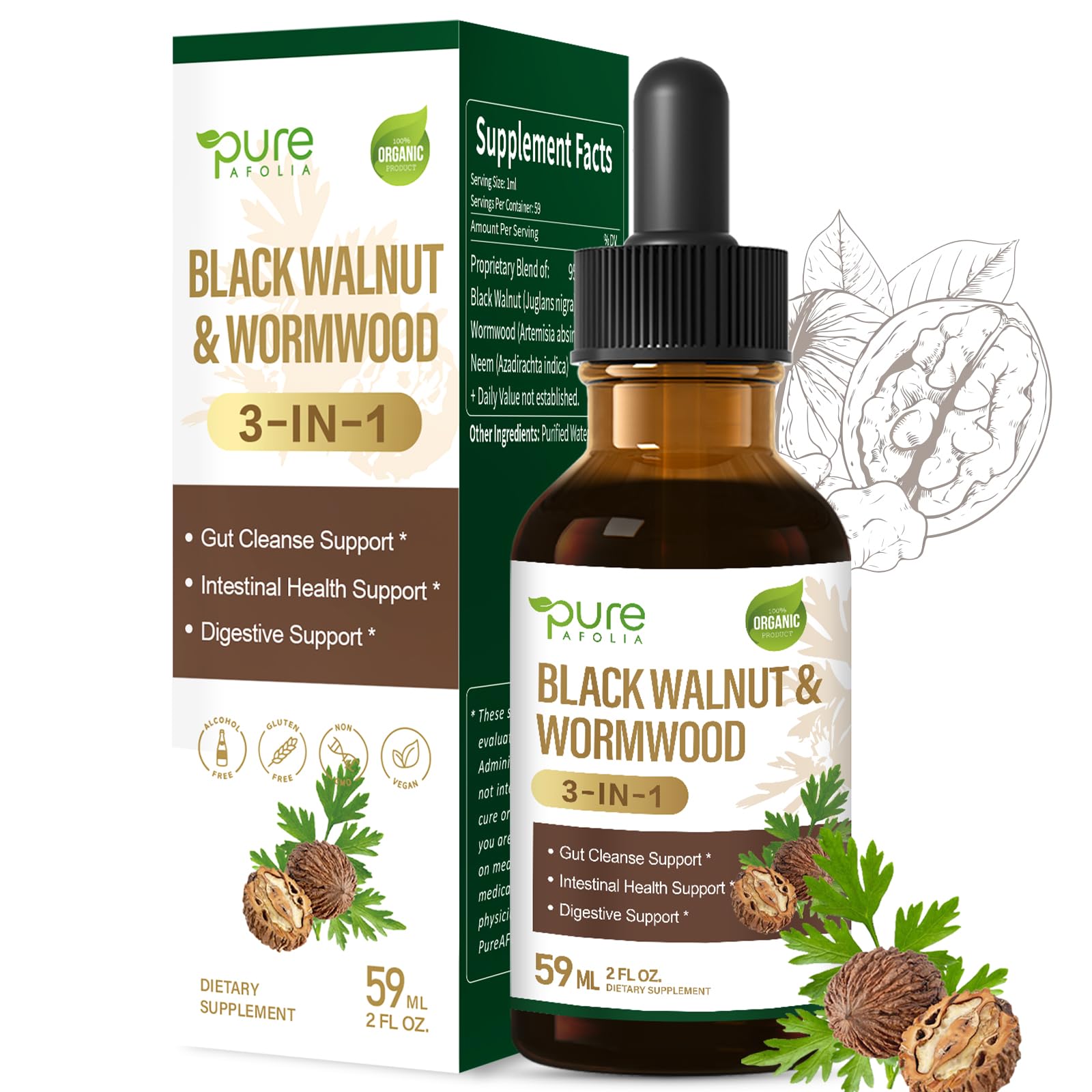 Pure AFOLIA Black Walnut Wormwood Drops bottle highlighting gut health support.
