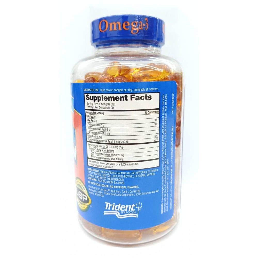 Pure Alaska Omega softgels close-up with 180-count pack for daily omega-3 intake