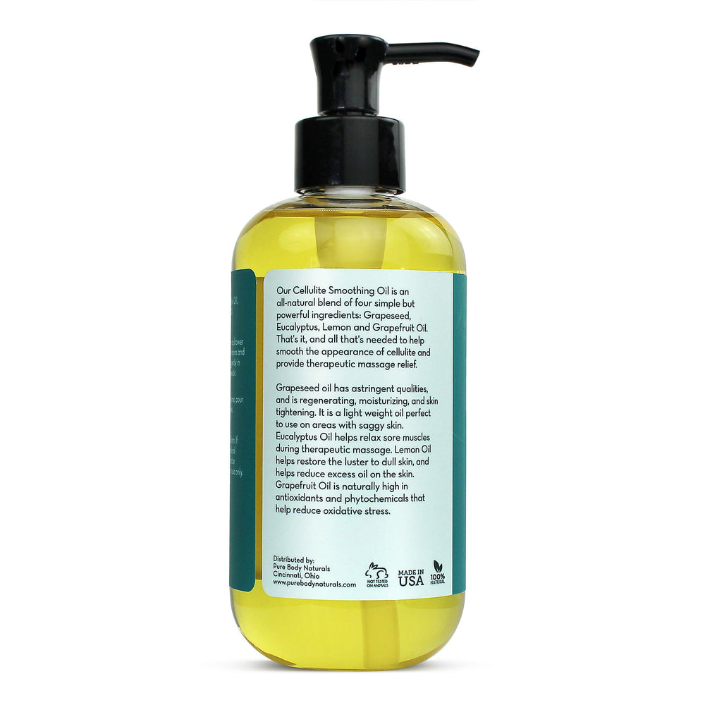 Pure Body Naturals packaging box for anti cellulite massage oil.