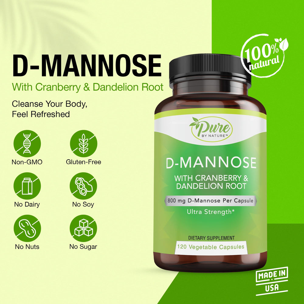 Pure By Nature D-Mannose capsules closeup for convenient daily use.