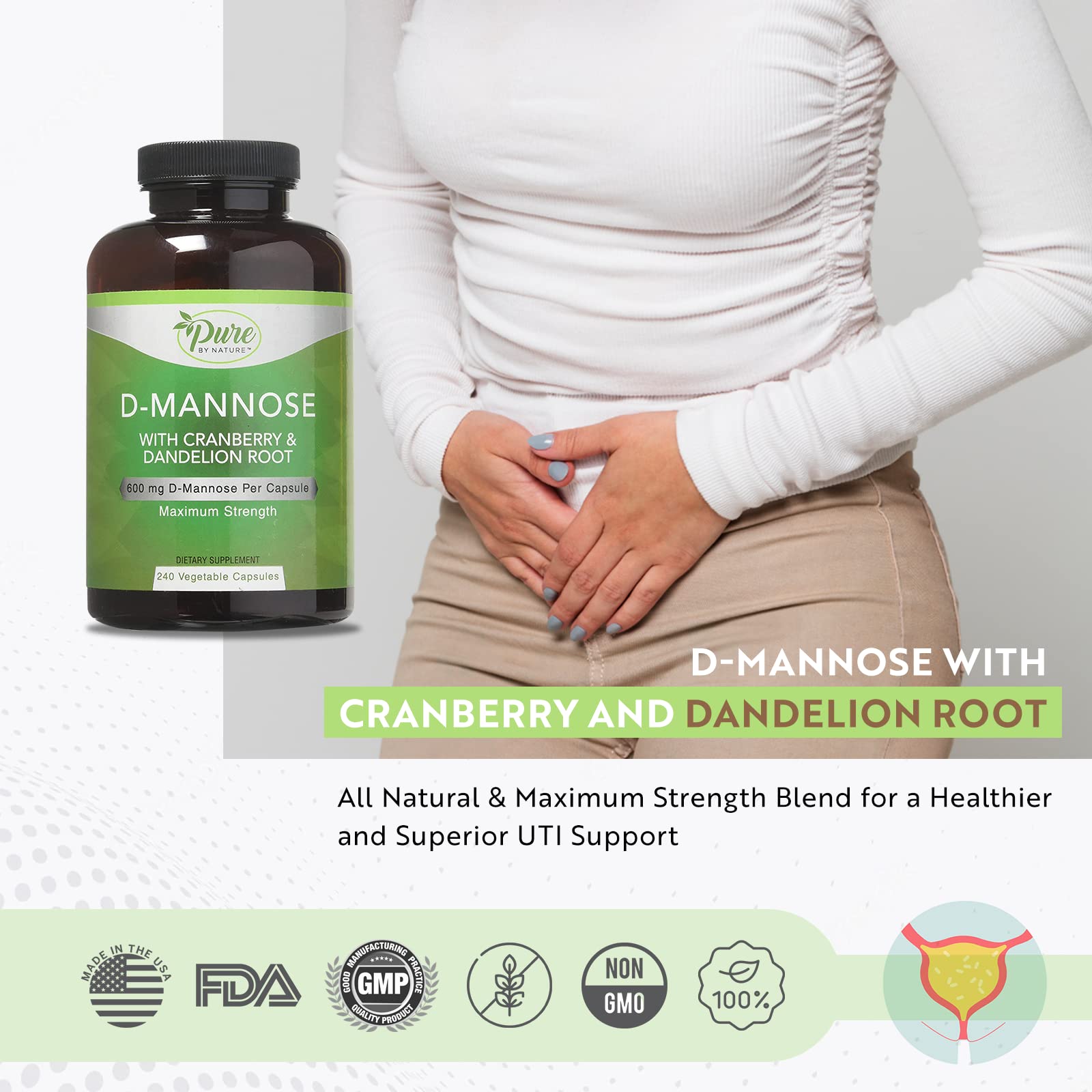 Pure By Nature gluten-free D-Mannose capsules for sensitive tummies.