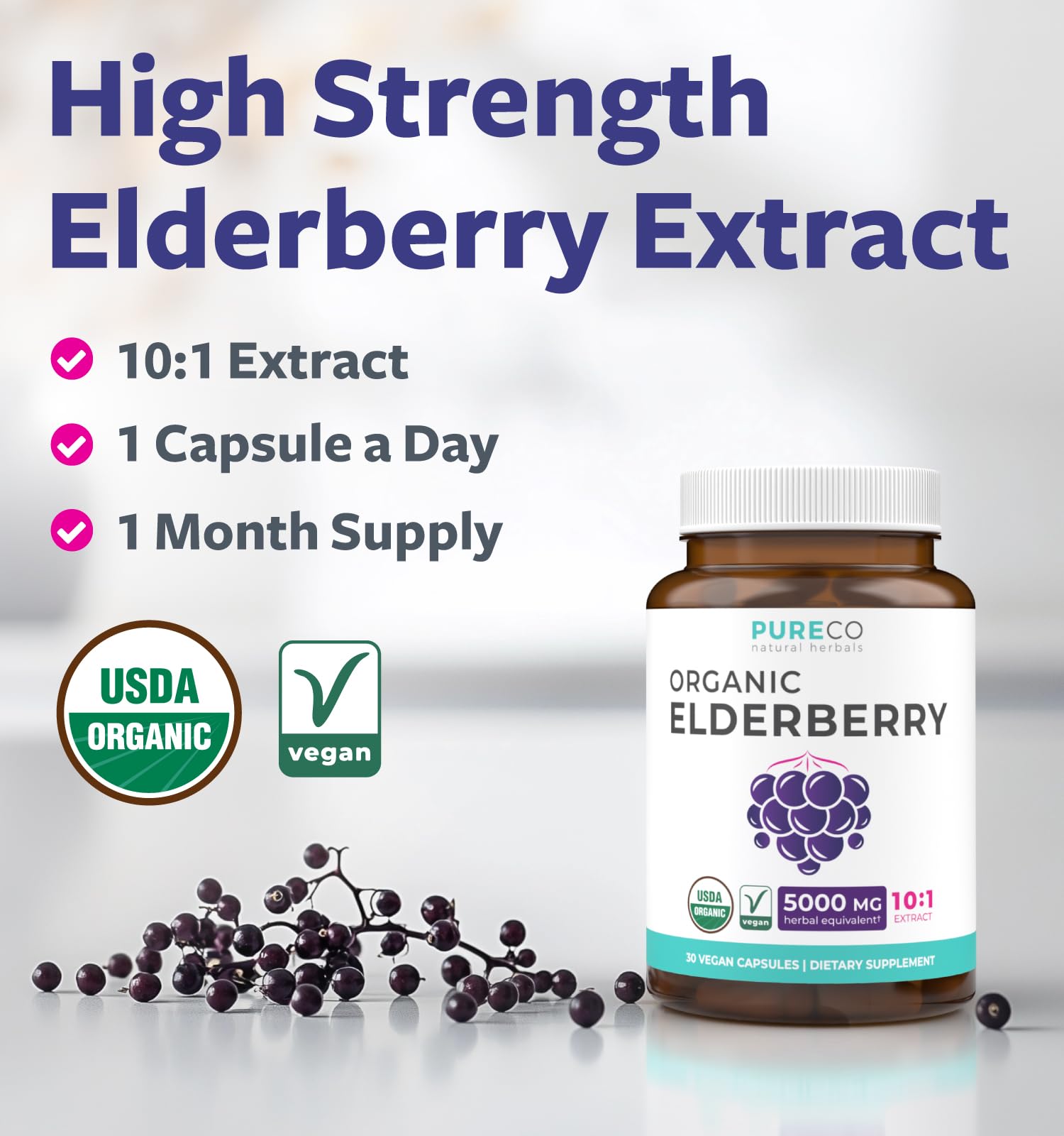 Pure Co 10x extract elderberry capsule close-up highlighting potency.