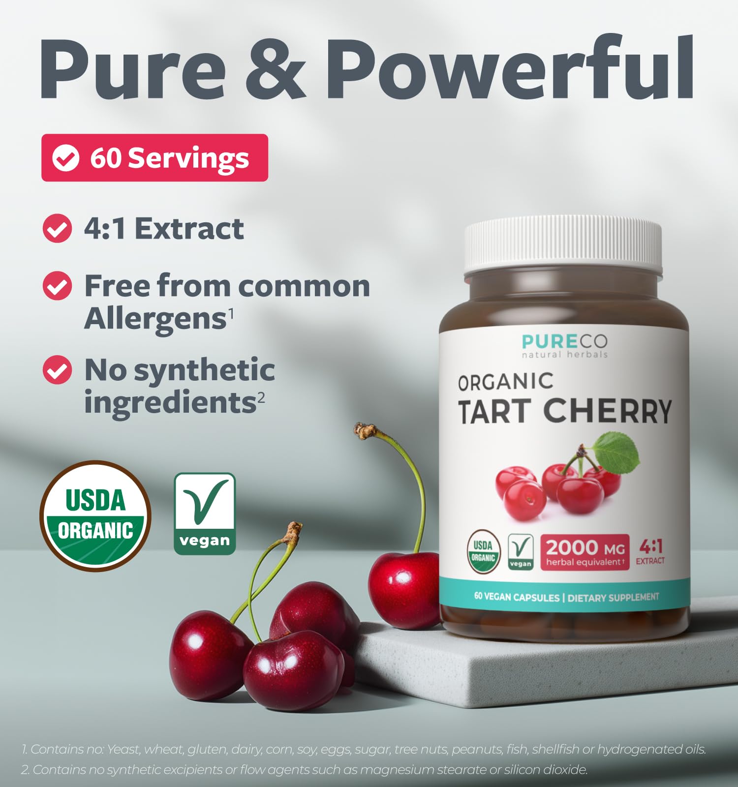 PURE CO 4to1 tart cherry extract capsules close-up emphasizes potency