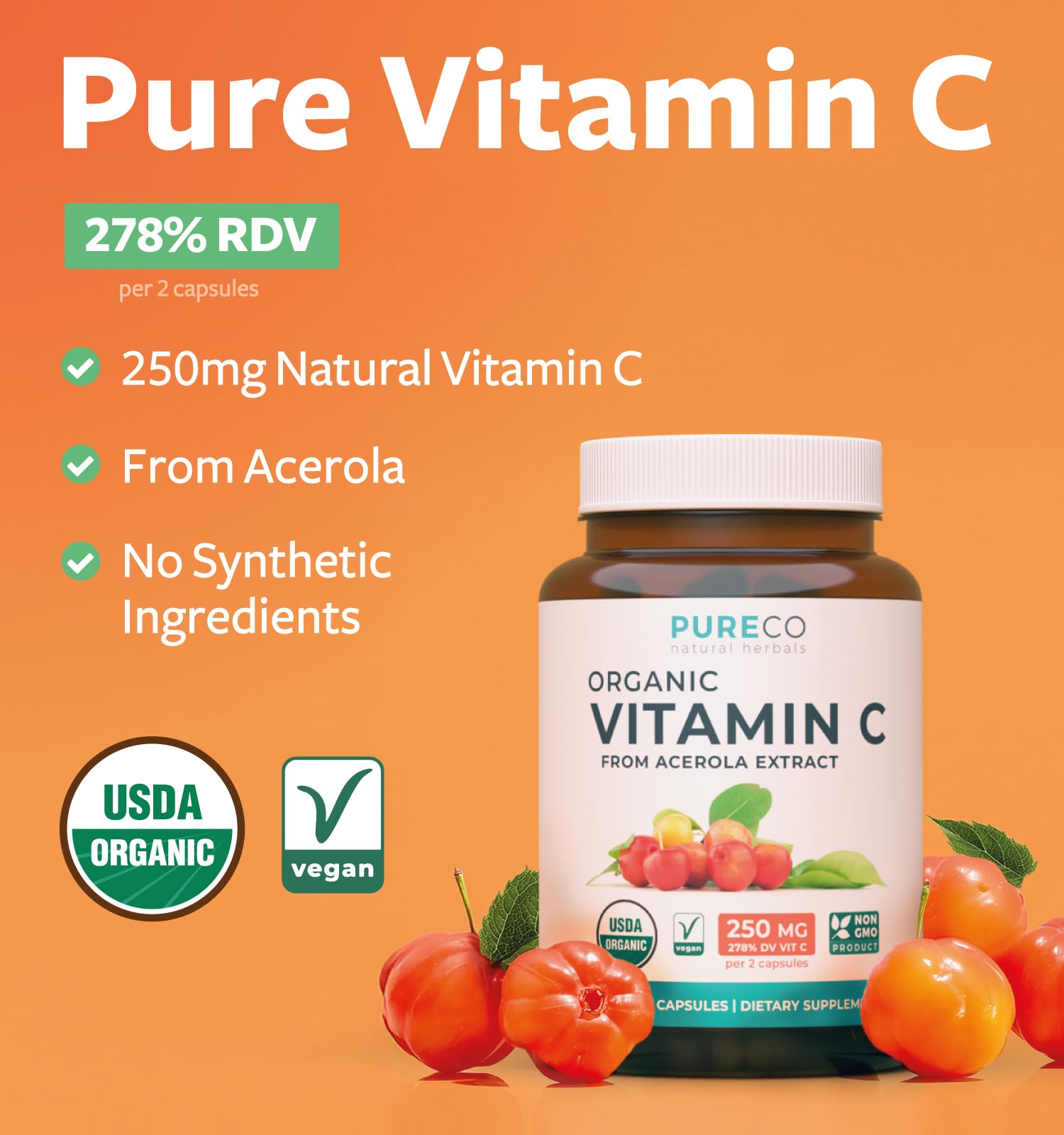 Pure Co acerola cherry powder close-up highlighting natural antioxidants