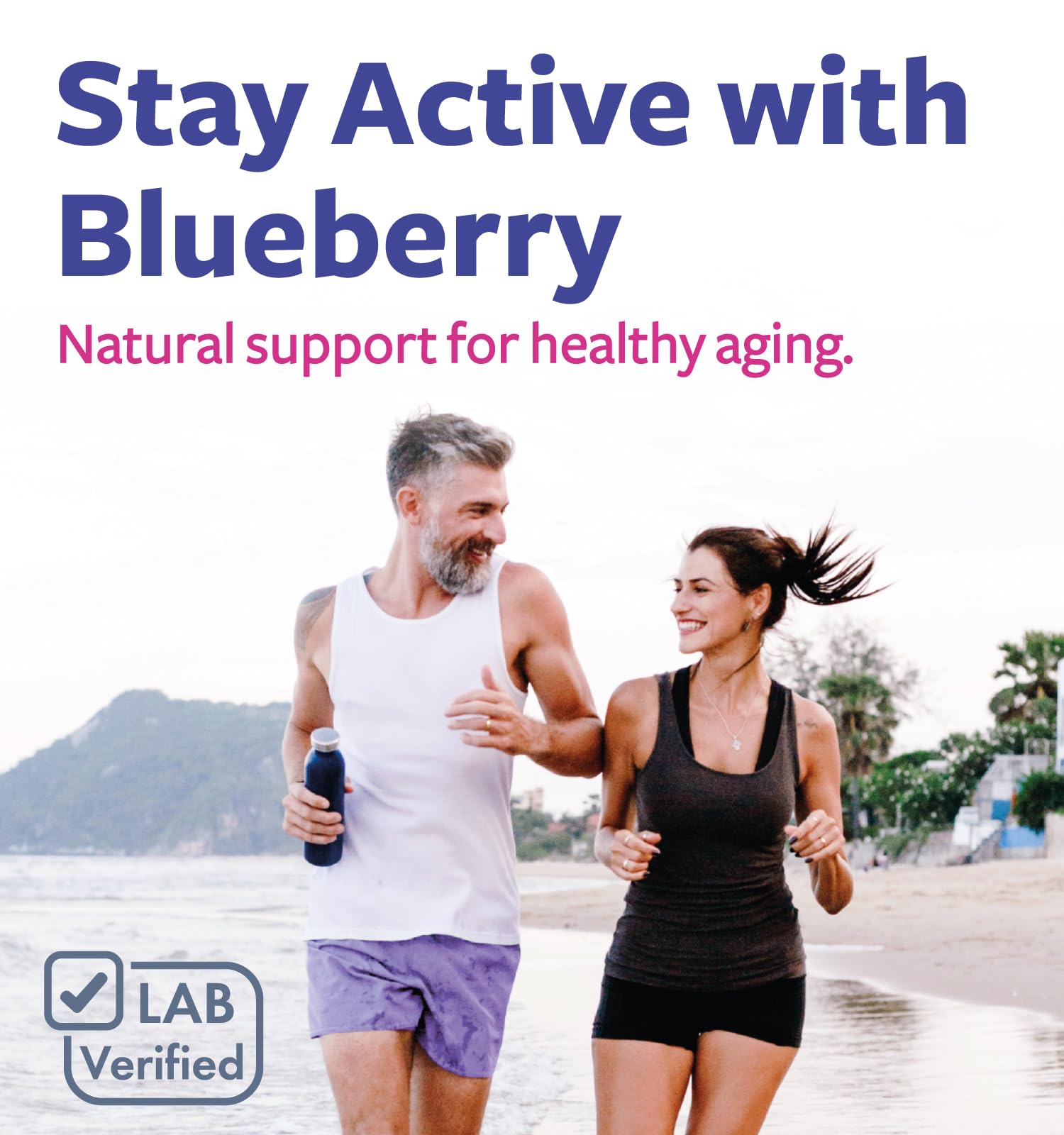 PURE CO blueberry supplement bottle with organic non-GMO vegan seal.