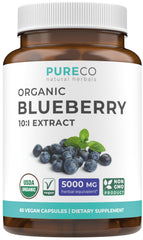PURE CO blueberry extract bottle side view for daily antioxidant support.