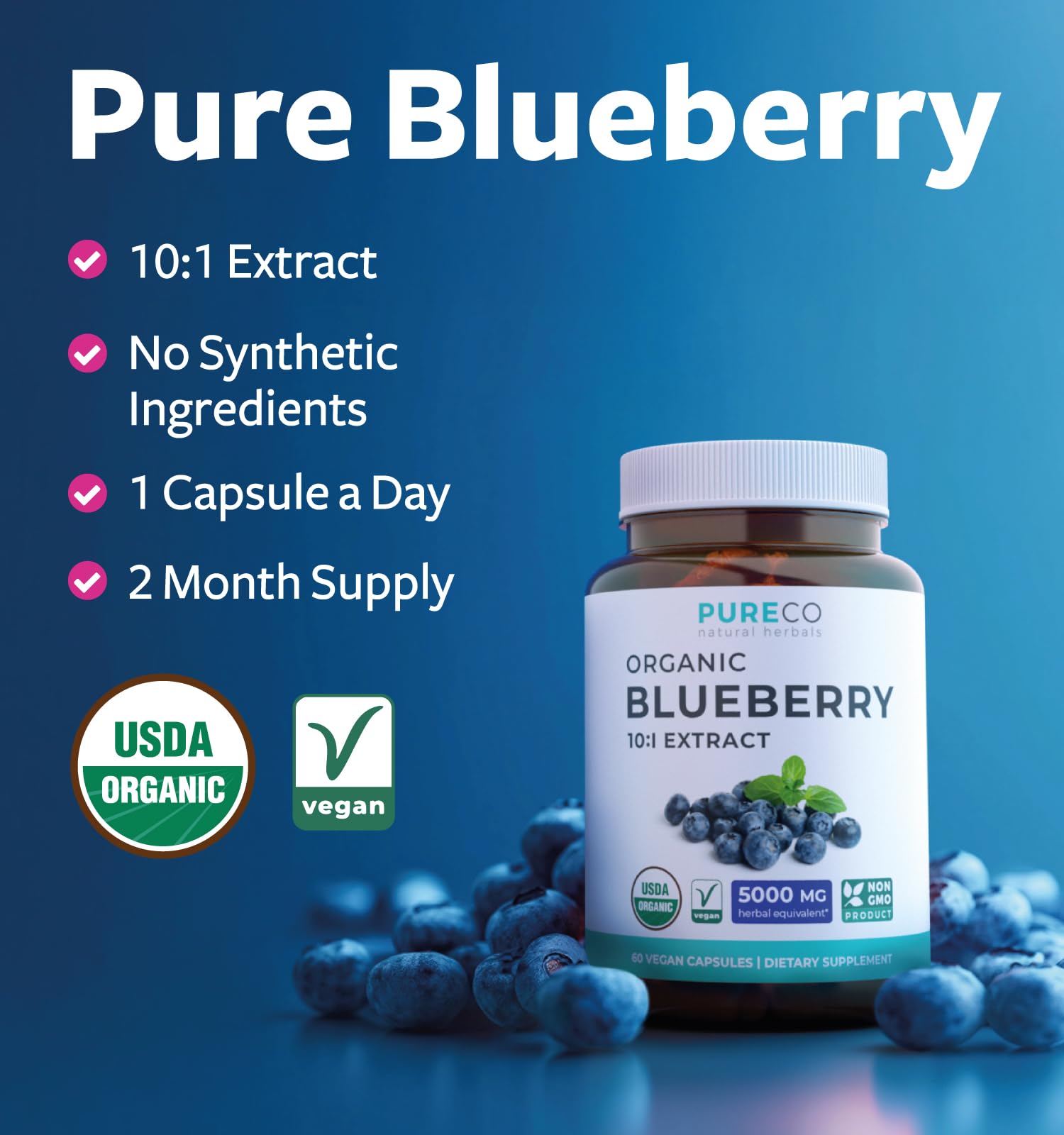 PURE CO blueberry extract label closeup highlighting organic certification and potency.