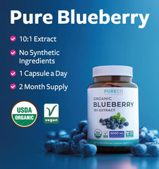 PURE CO blueberry extract label closeup highlighting organic certification and potency.