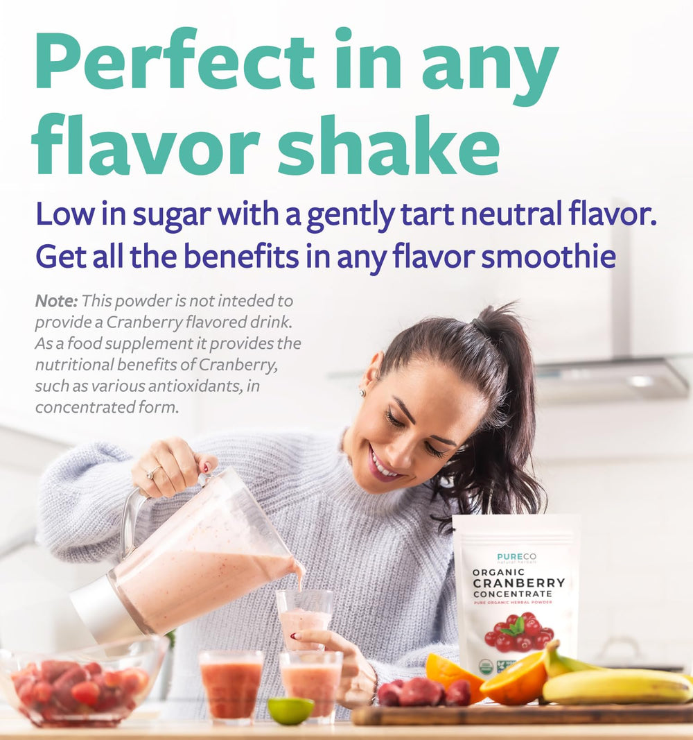 Pure Co cranberry concentrate scoop showing 25,000 mg equivalent of fresh cranberries